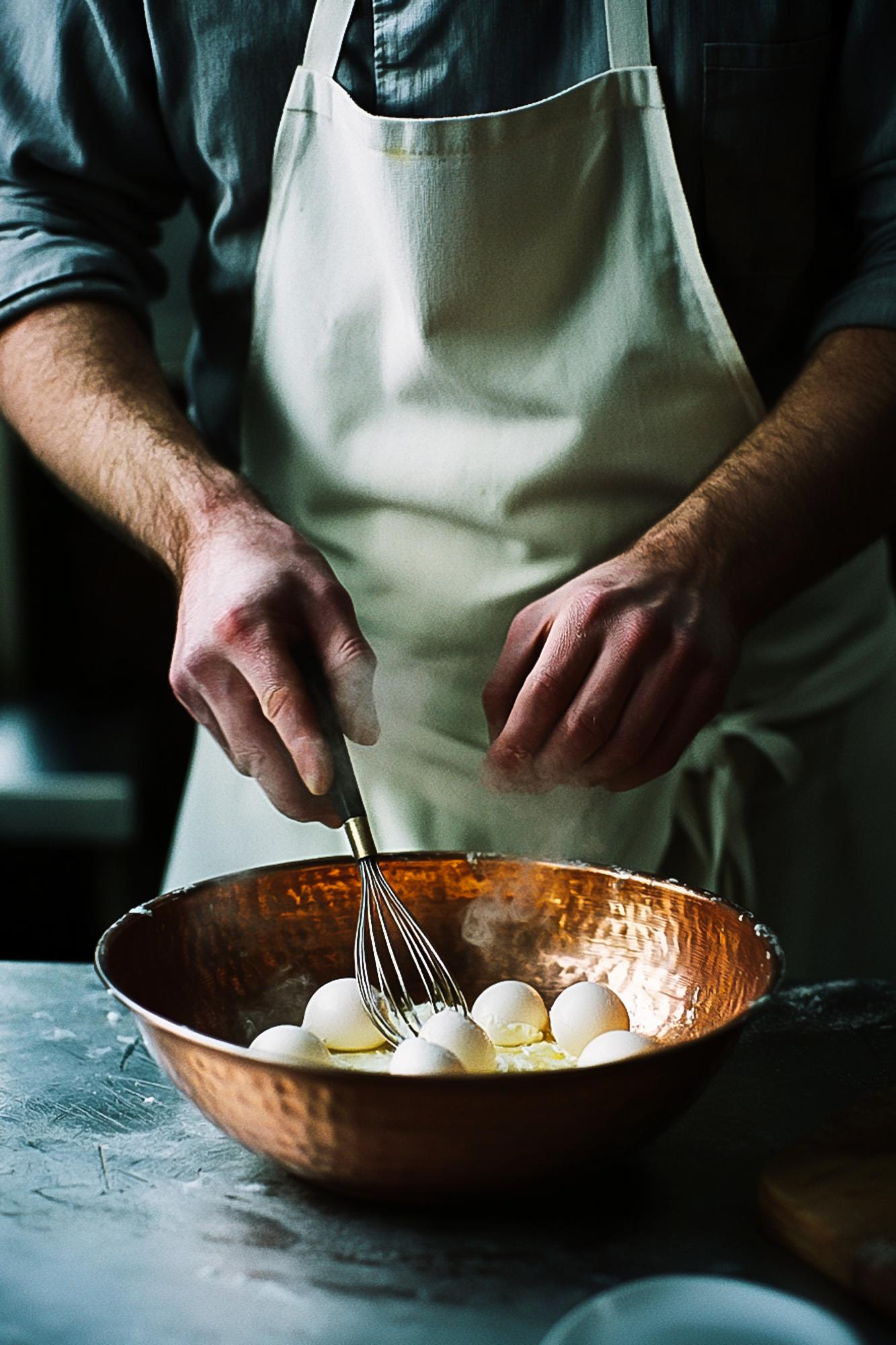 Chef preparing rustic dish on workbench